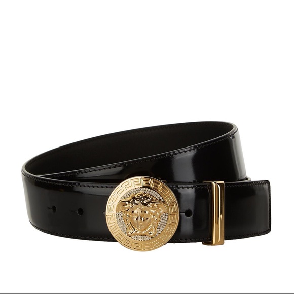 SOLDSOLDSOLD VERSACE MENS BLACK CRYSTAL MEDUSA BUCKLE LEATHER BELT - Picture 1 of 7